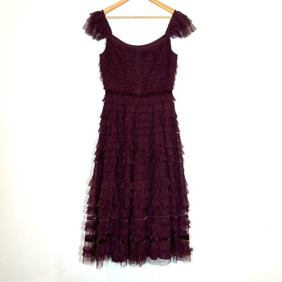 Mac Duggal 8054 Size 12 Amethyst Ruffle Tulle Cap Sleeve Tiered Party Midi Dress - Picture 10 of 13